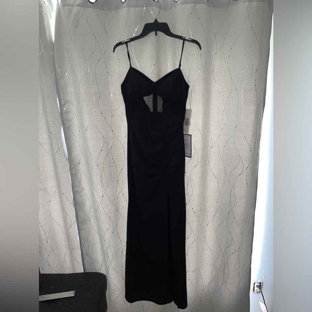 Black prom dress with mesh in the waist